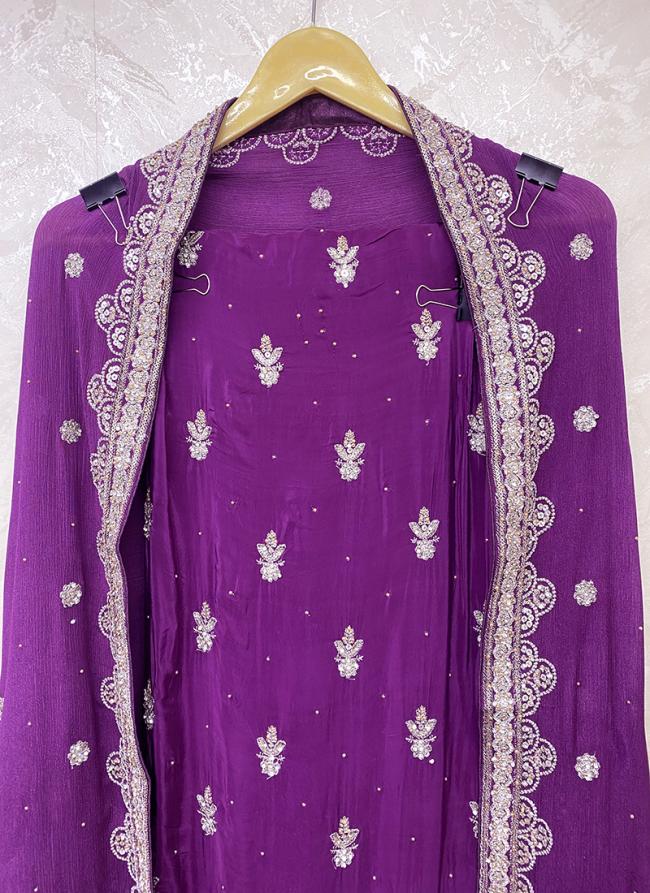 Pure Crepe Purple Wedding Wear Hand Work Punjabi Dress Material